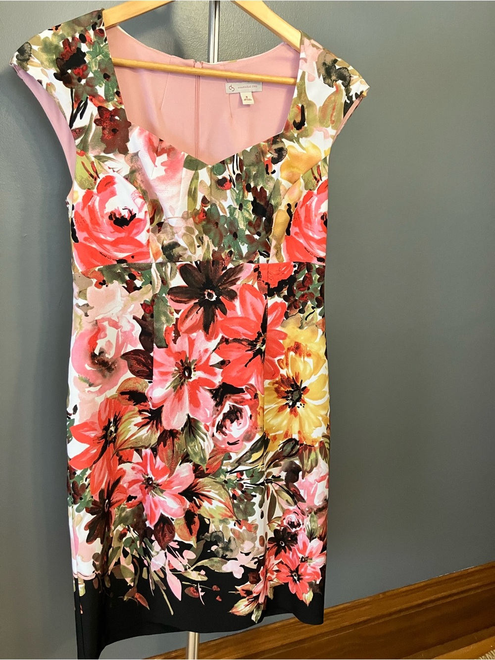 Coral Pink and Yellow Floral Midi Sheath Dress